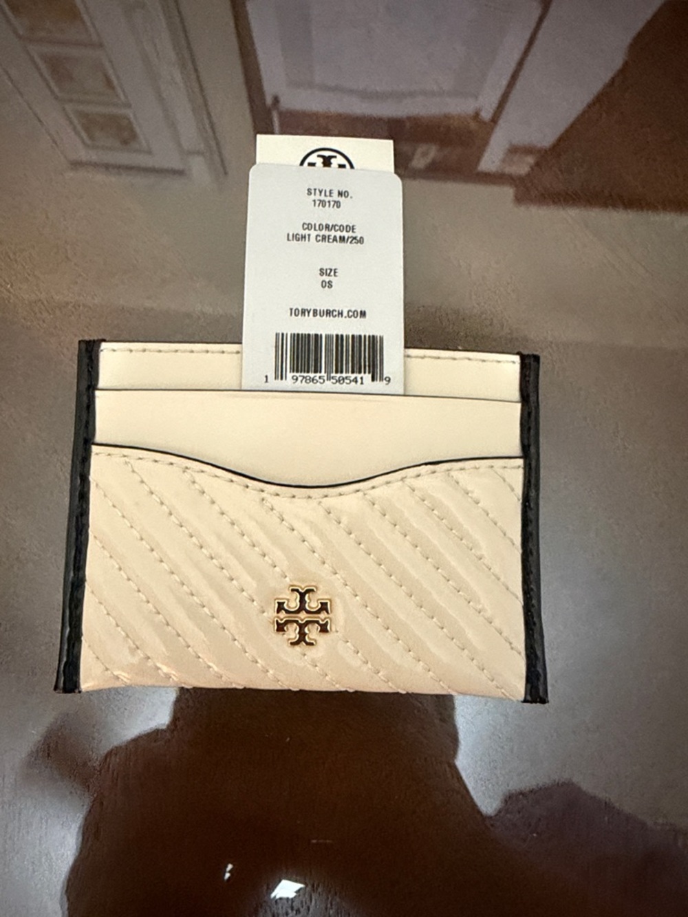 Tory Burch Light Cream Quilted Card Case with Black Trim and Gold Logo